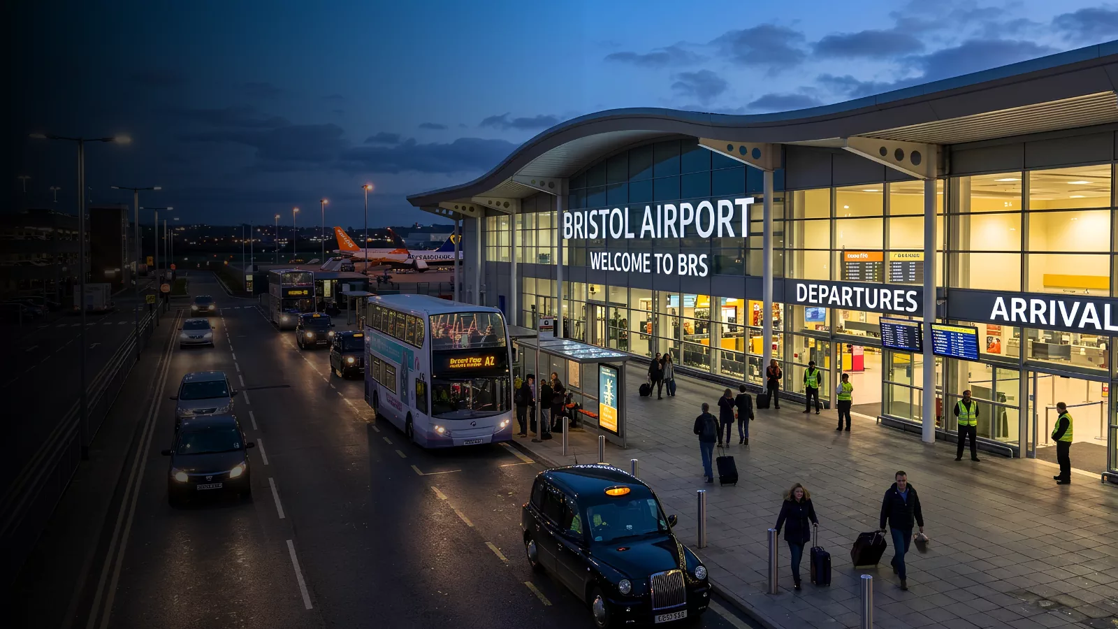 Bristol Airport terminal exterior at dusk