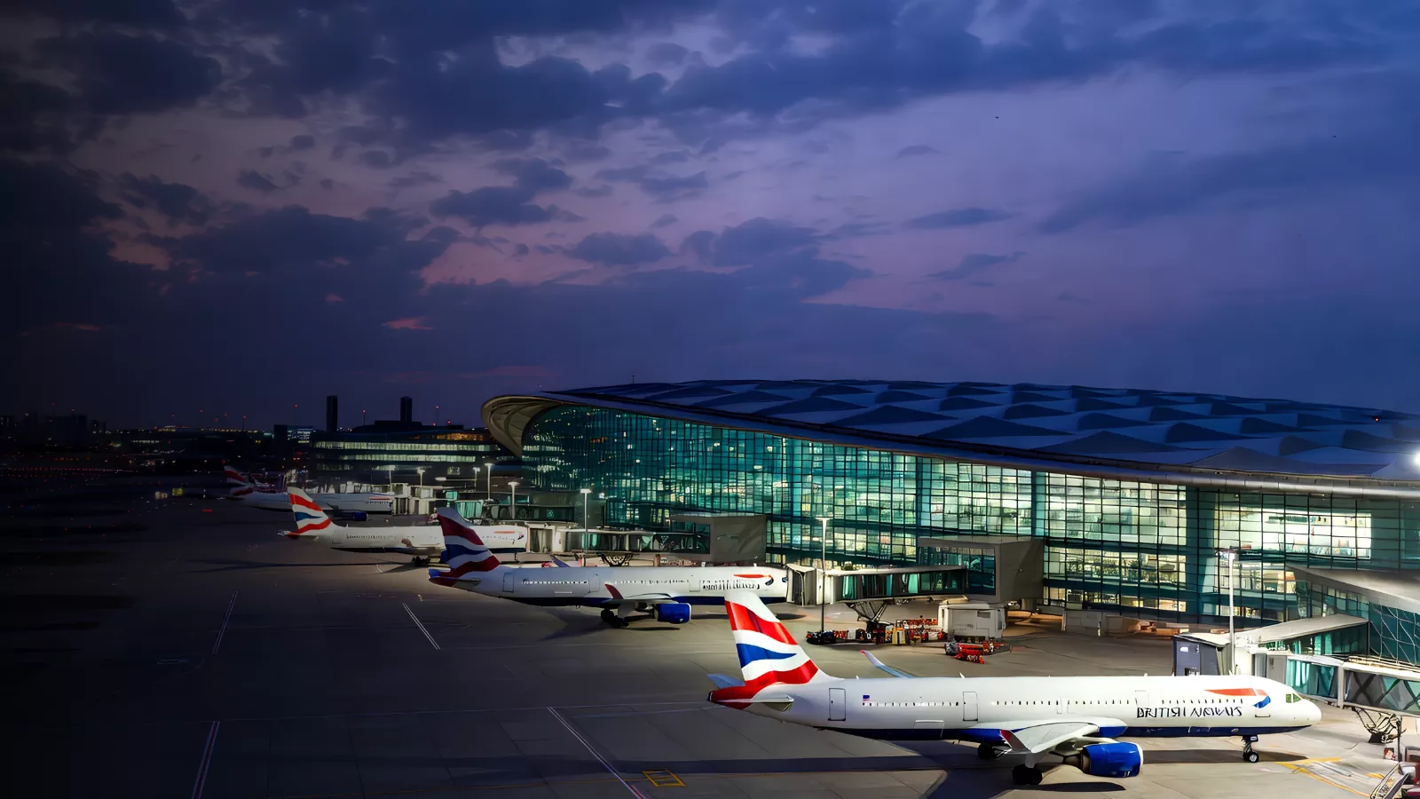 London Heathrow Airport terminal at night