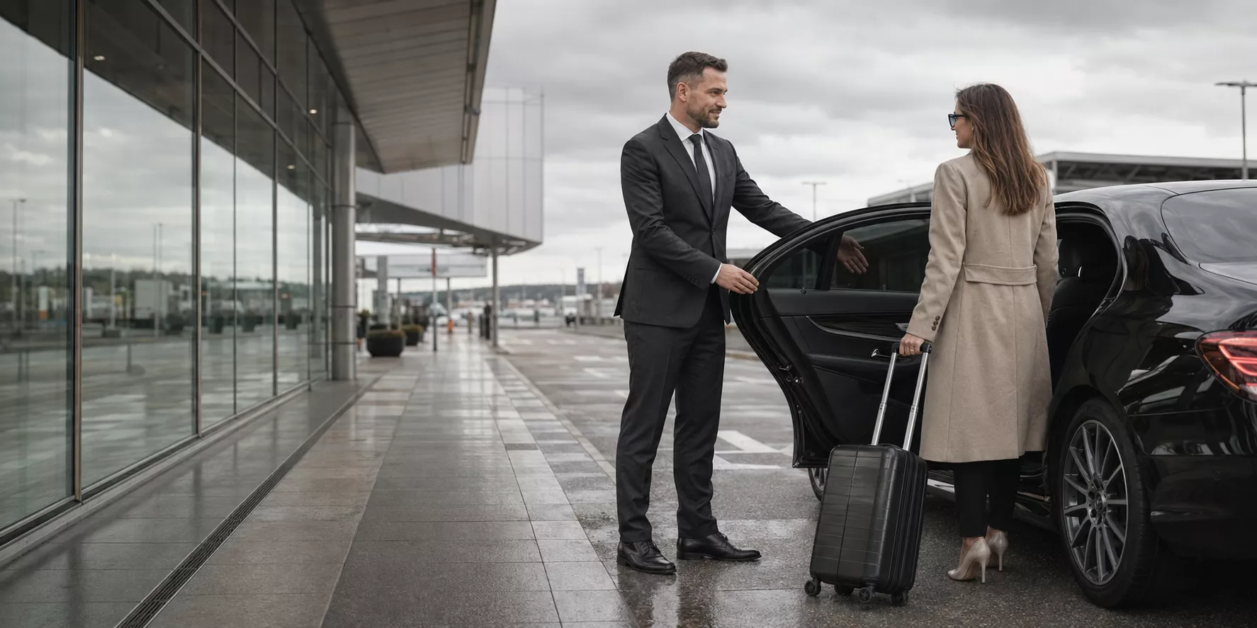 Luxury chauffeur vehicle waiting outside a UK airport terminal