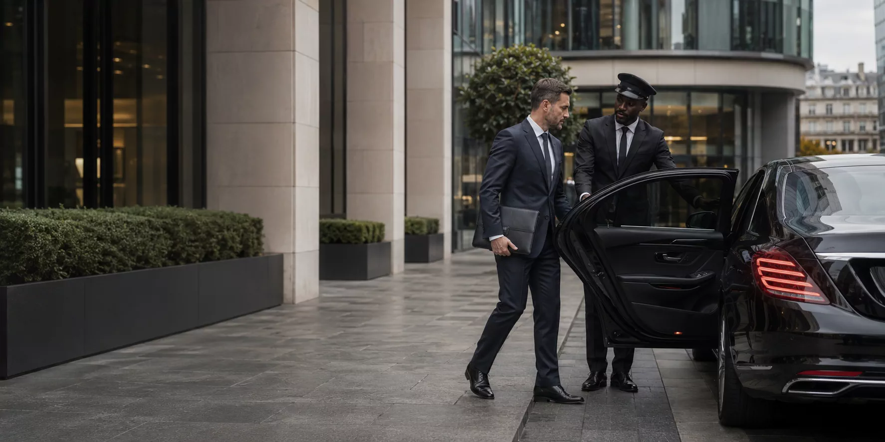 Executive chauffeur vehicle outside a modern London business district