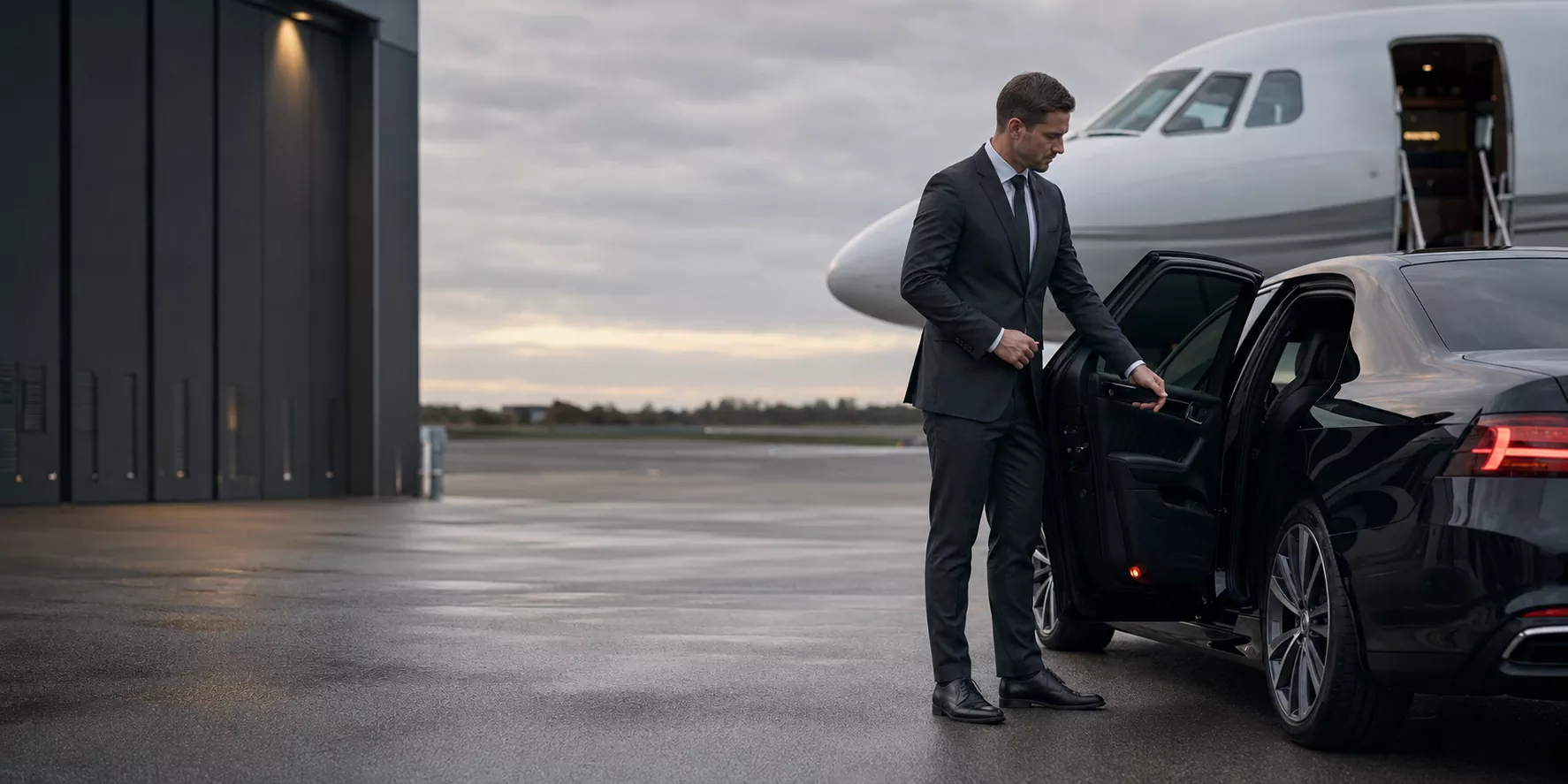 Luxury chauffeur car beside a private jet at a UK airport