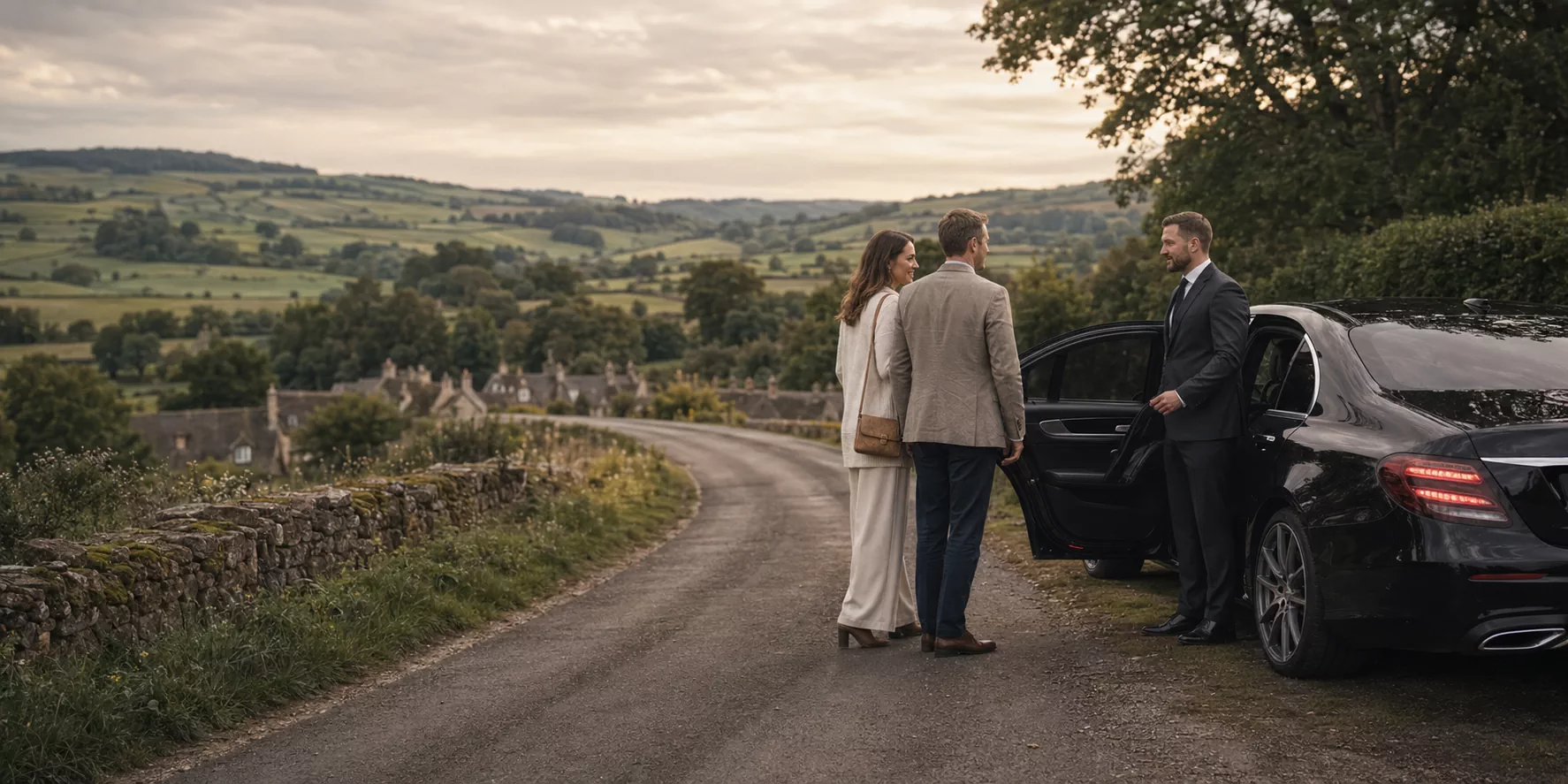 Luxury vehicle travelling through scenic UK countryside on a private tour