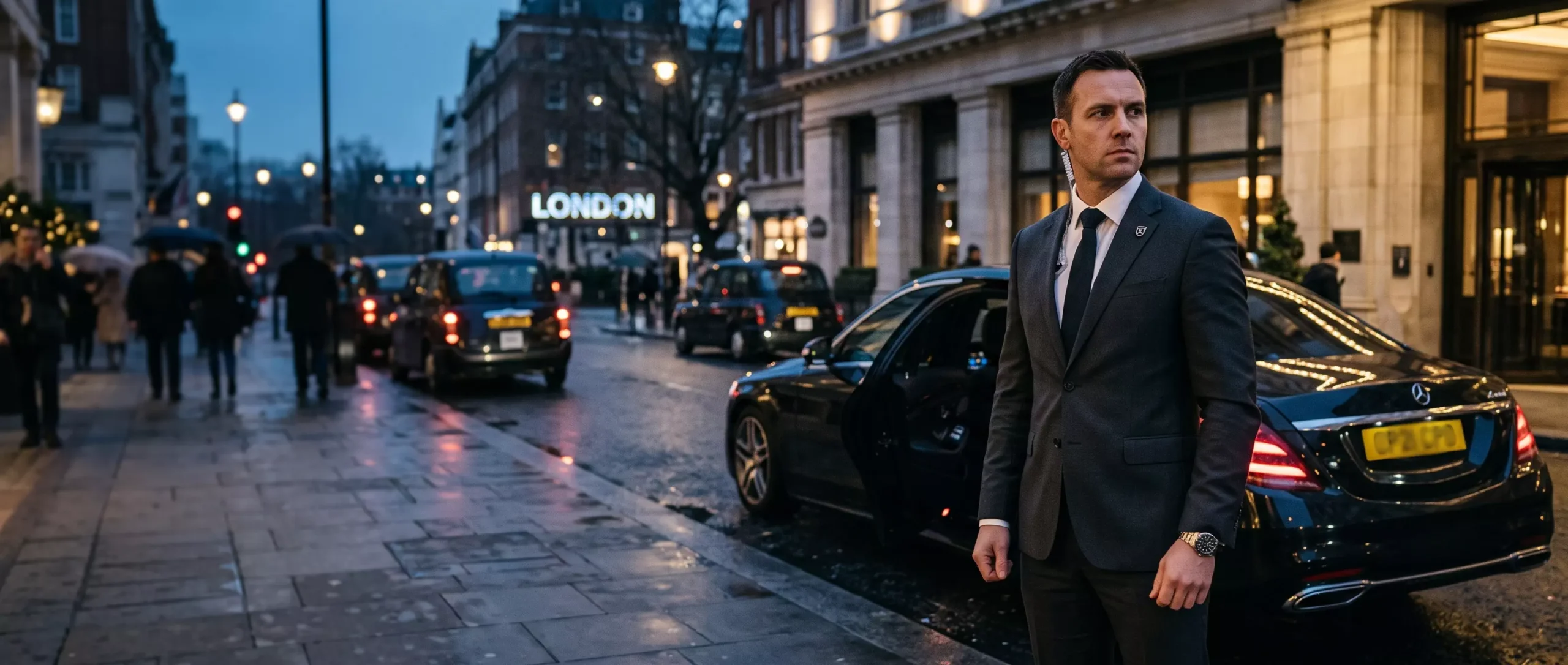 Close protection chauffeur beside a luxury vehicle in London
